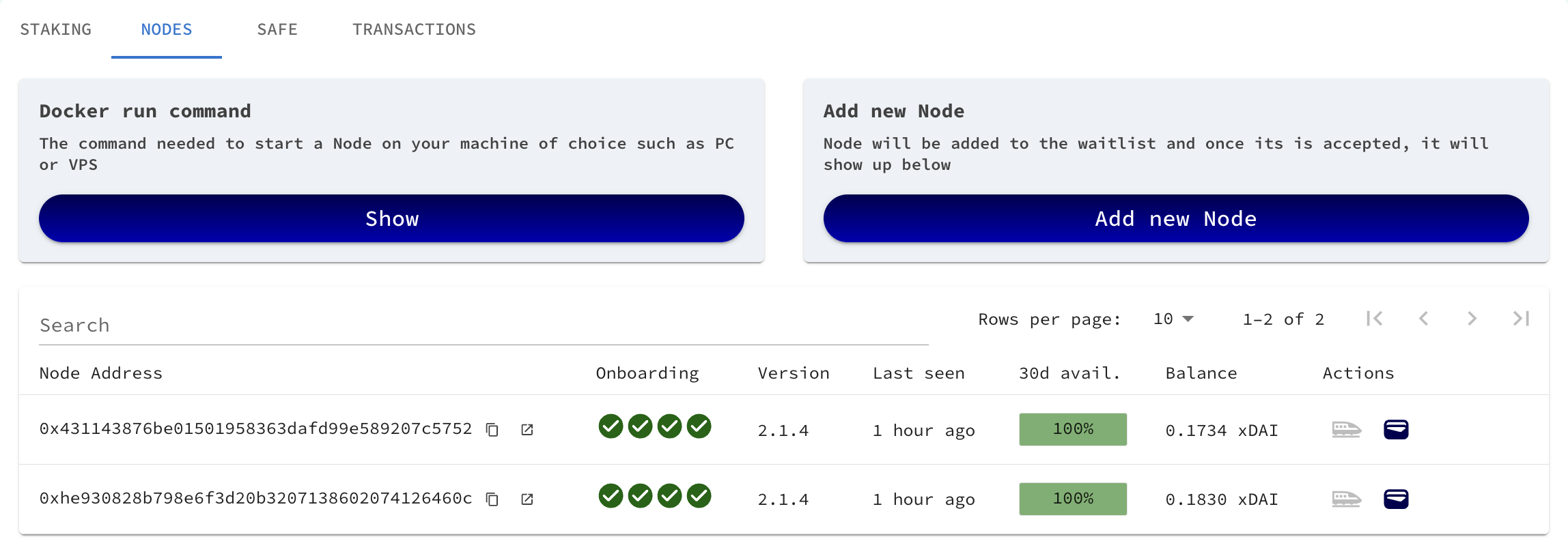 Staking hub dashboard nodes